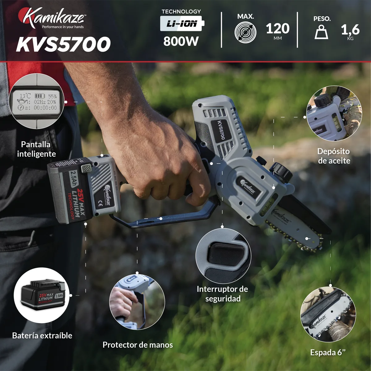 Pack Ahorro Pulmic Pegasus 15 + Kamikaze KVS5700: Pulverizador Eléctrico y Motosierra de Poda + Batería y Cargador Triple — foto 3