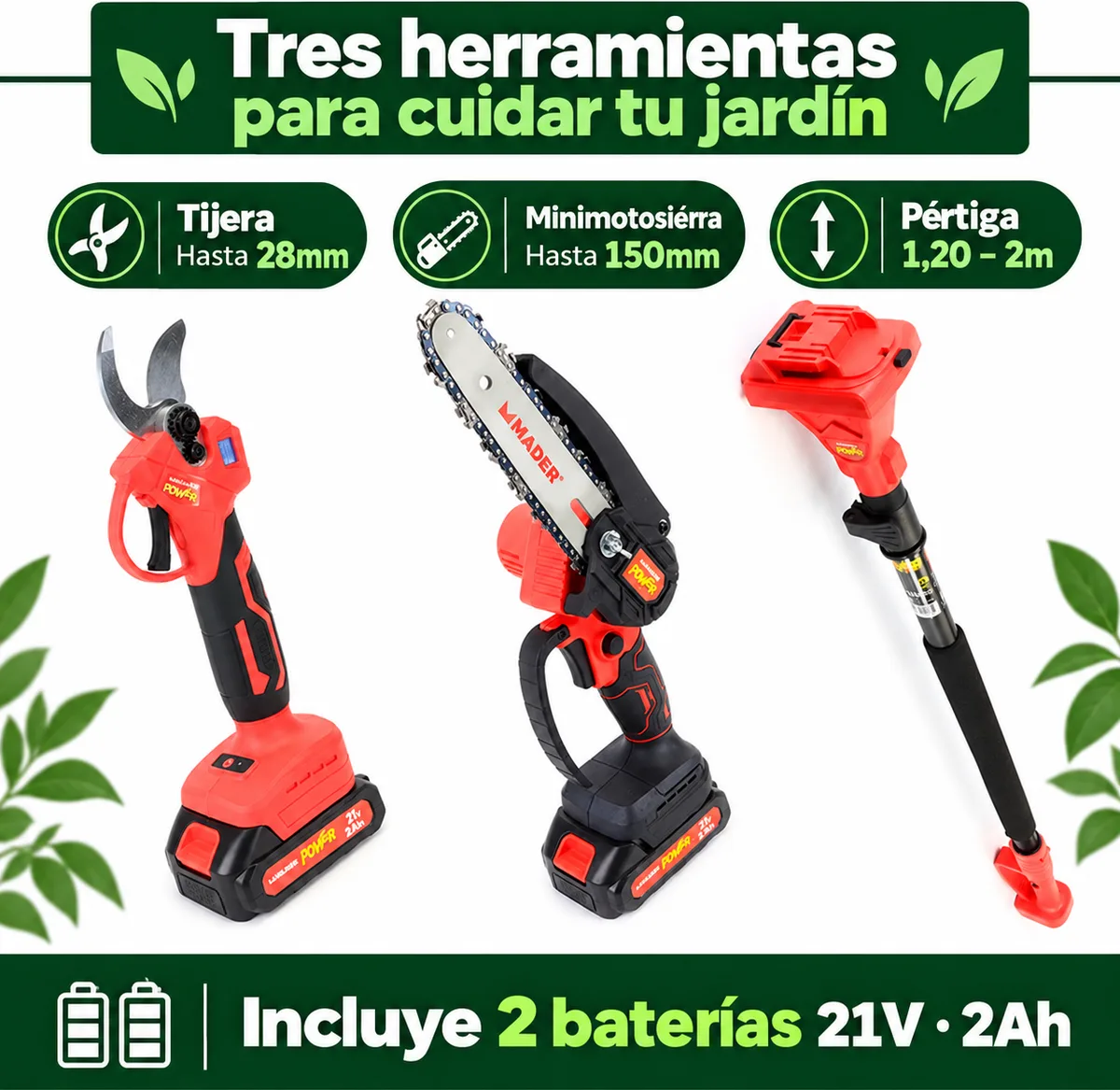 Kit de poda MADER 74097 · tijera, minimotosierra y pértiga de 1,20 a 2 m · 2 baterías — foto 2