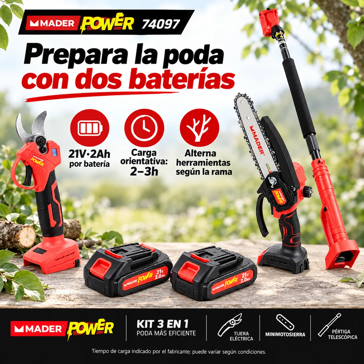 Kit de poda MADER 74097 · tijera, minimotosierra y pértiga de 1,20 a 2 m · 2 baterías — foto 6