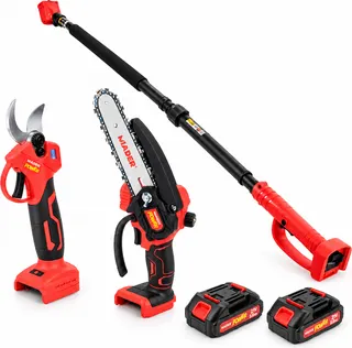 Kit de poda MADER 74097 · tijera, minimotosierra y pértiga de 1,20 a 2 m · 2 baterías