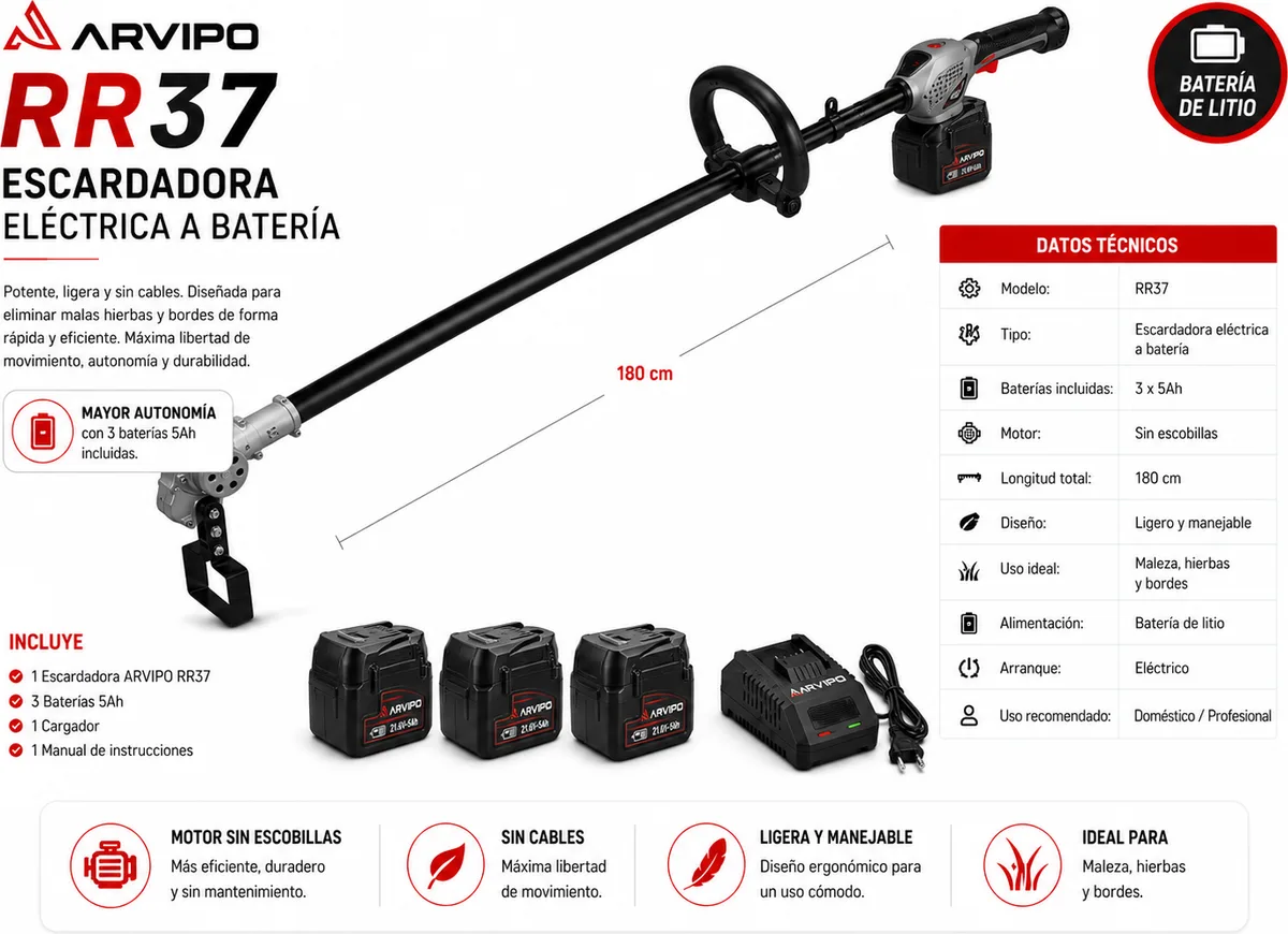 Escardador Quitahierbas a Bateria Arvipo RR37 con 3 Baterias 5Ah — foto 2