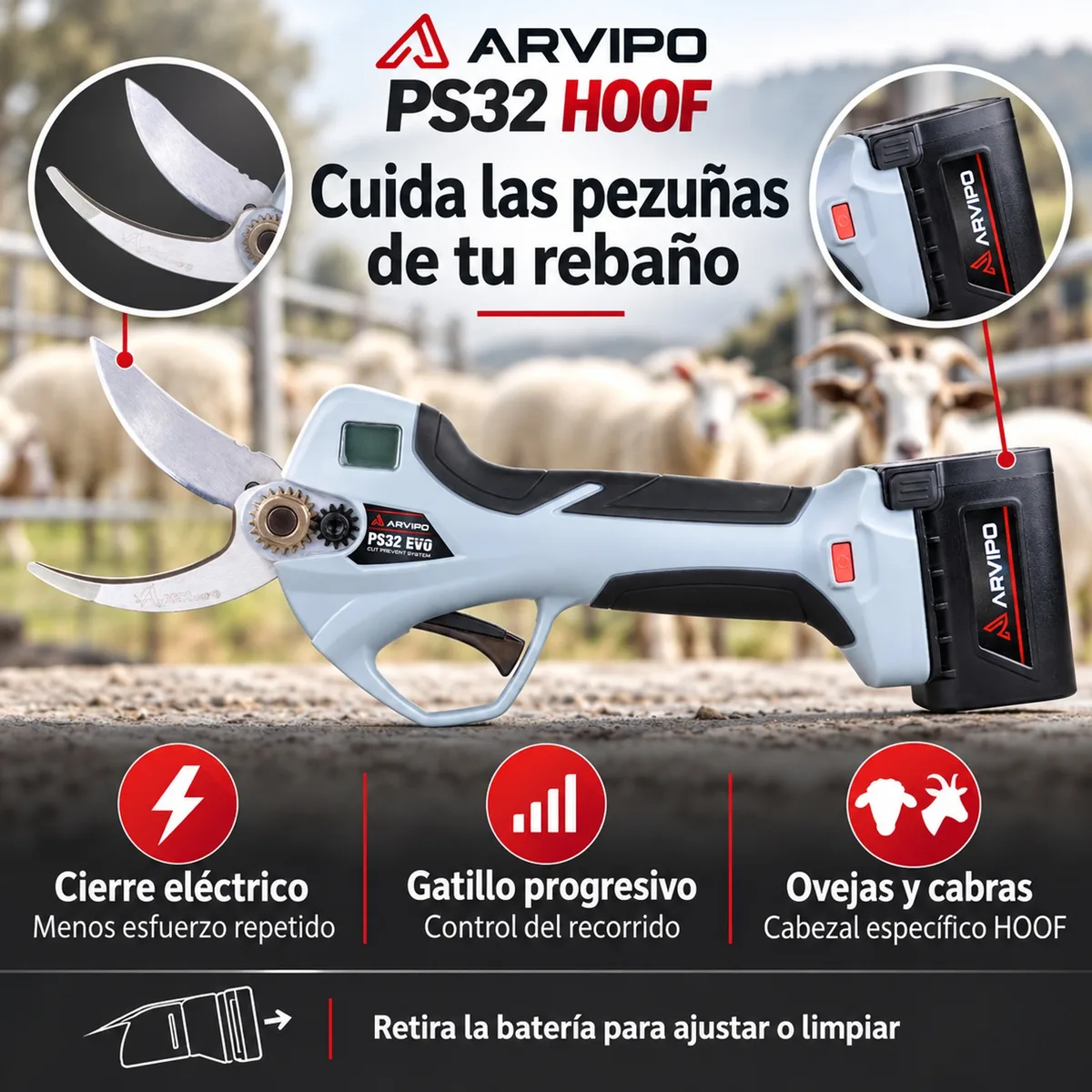 Tijera eléctrica para pezuñas Arvipo PS32 Evo2 HOOF · ovejas y cabras · 2 baterías 2,5 Ah — foto 2