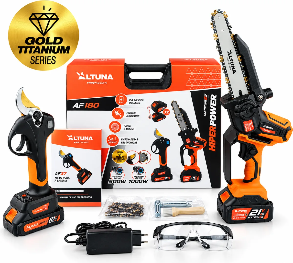 Altuna Kit de Poda a Batería de Titanio - Motosierra a Batería AF180 + Tijeras de Podar Eléctrica AF37 + 2 Baterias