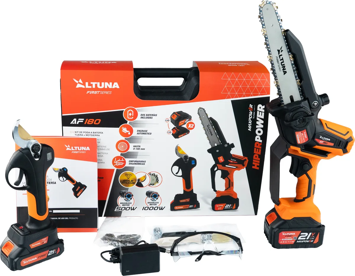 Altuna Kit de Poda a Batería de Titanio - Motosierra a Batería AF180 + Tijeras de Podar Eléctrica AF37 + 2 Baterias