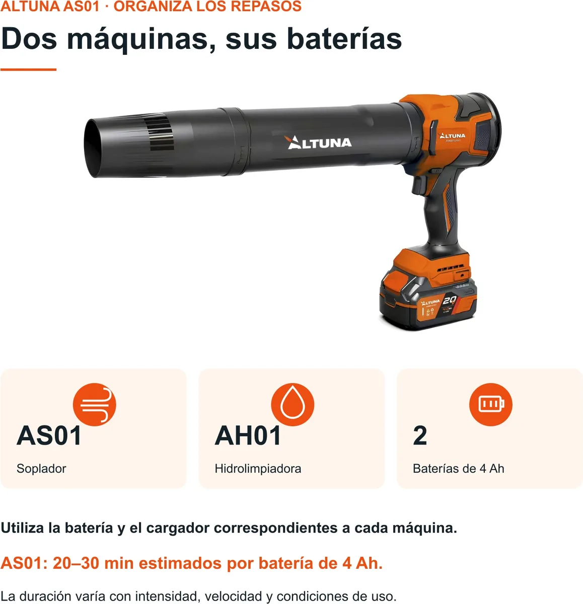 Pack Limpieza Altuna AH01 + Soplador AS01 · 2 Baterias 4 Ah y 2 Cargadores — foto 6