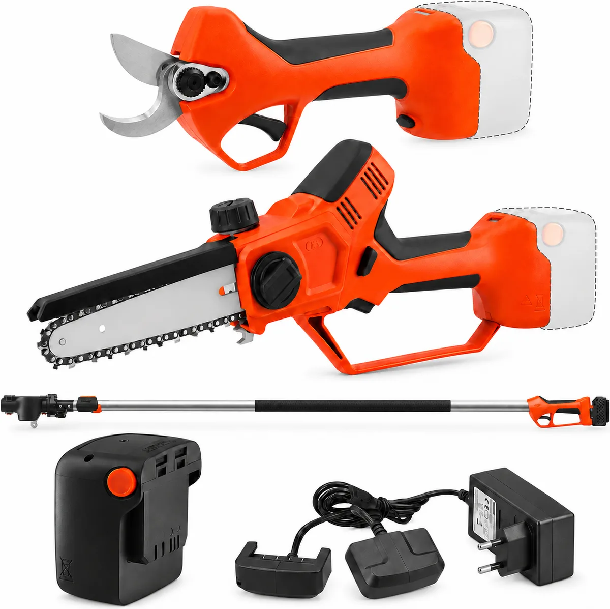 Kit poda Stocker Magma E-35 TP + motosierra E-150 LA + mango giratorio telescópico 200-310 cm + batería 2,6 Ah y cargador doble
