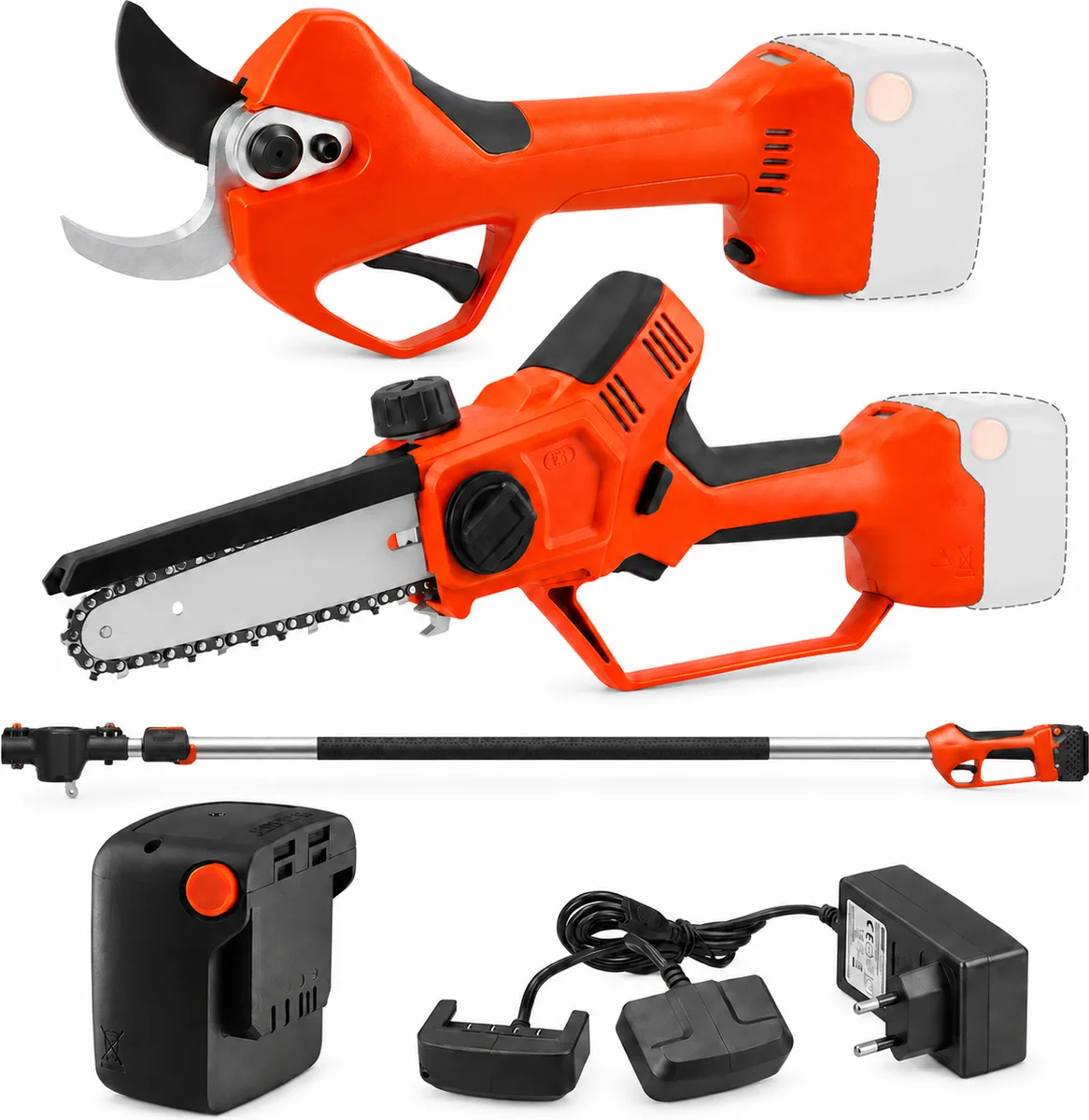Kit poda Stocker Magma E-40 TP + motosierra E-150 LA + mango telescópico 190-310 cm + batería 2,6 Ah y cargador doble