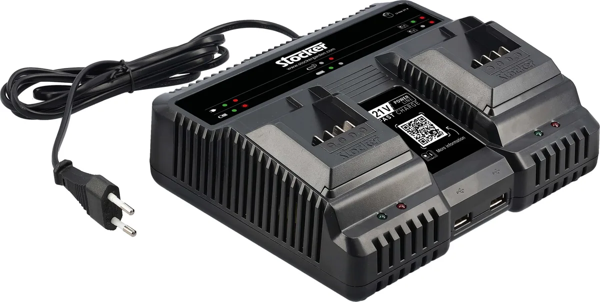 Cargador doble rápido Stocker Fast Charge 21 V 329 para baterías Power — foto principal