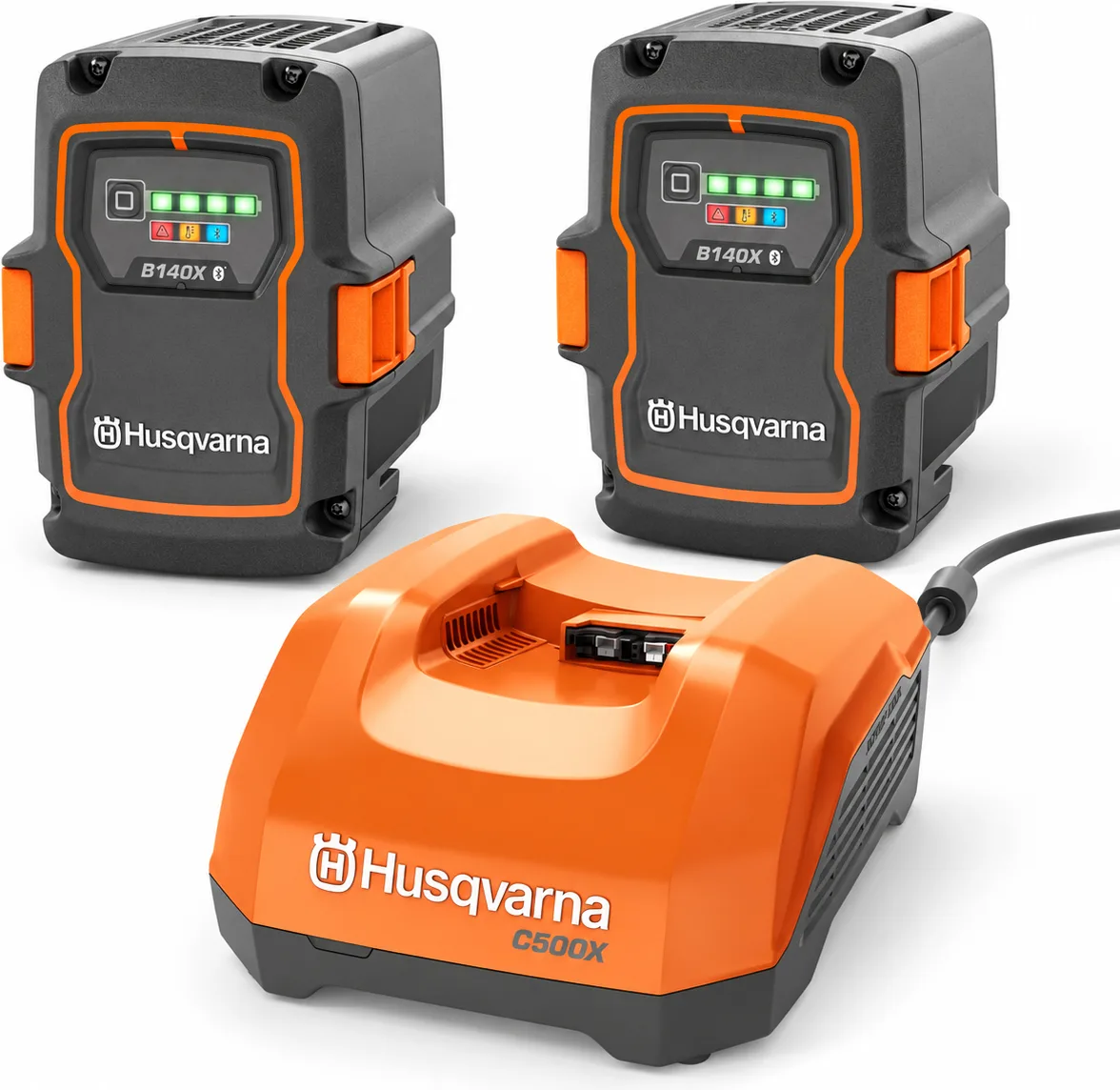 Pack energía Husqvarna: 2 baterías B140X 4 Ah + cargador rápido C500X — foto principal