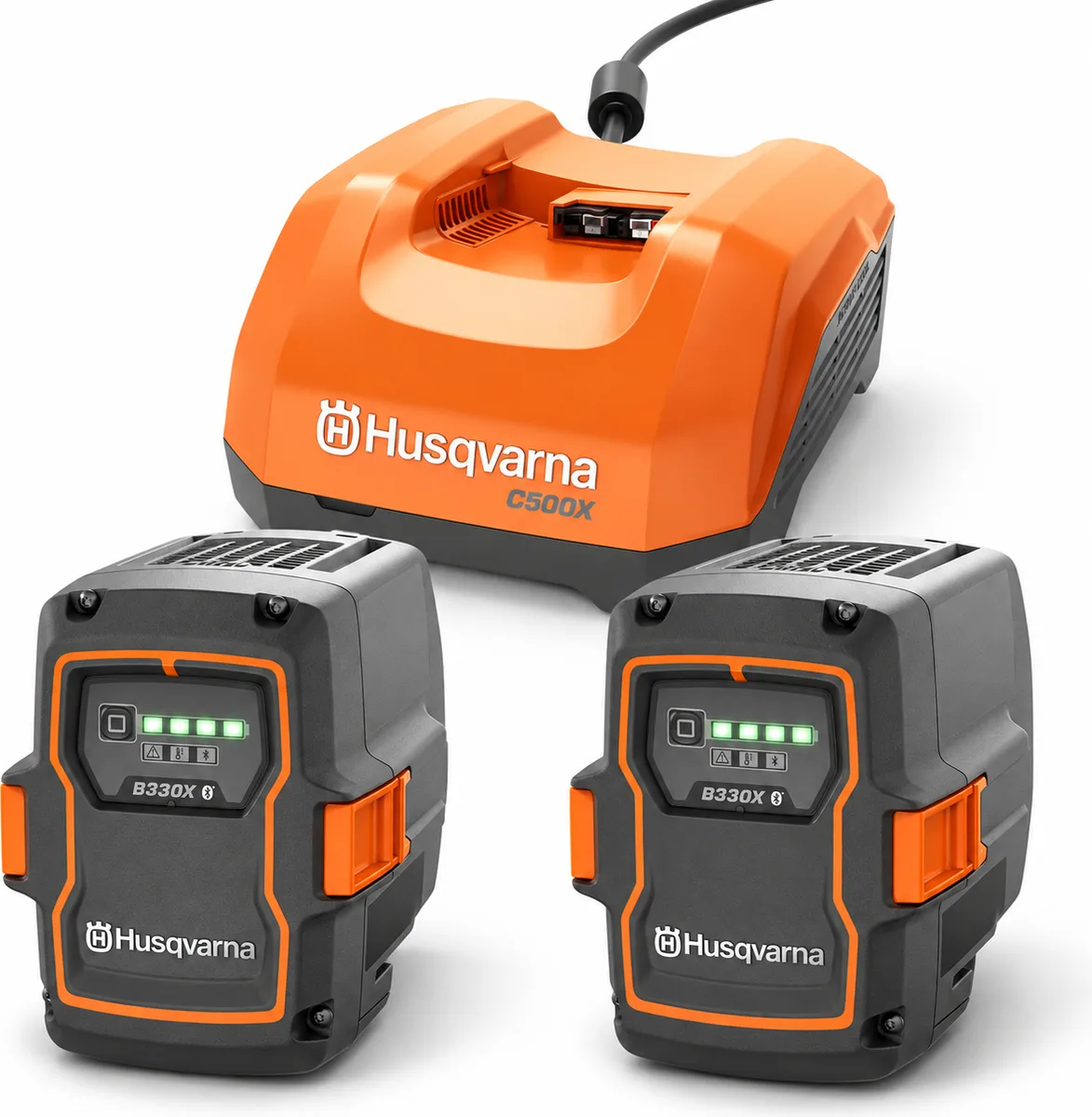 Pack energía Husqvarna: 2 baterías B330X 9 Ah + cargador rápido C500X — foto principal