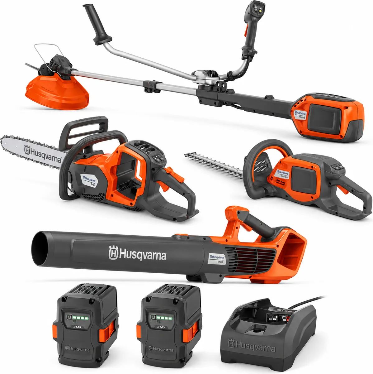 Pack jardín Husqvarna: desbrozadora 220iR, motosierra 242i, soplador 122iB y cortasetos 215iHD45 + 2 baterías 4 Ah y cargador — foto principal