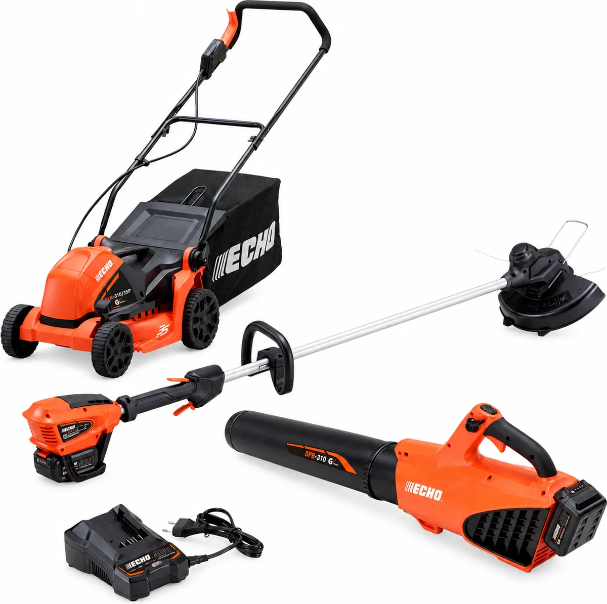 Pack jardín ECHO: cortacésped DLM-310/35P + desbrozadora DSRM-310 + soplador DPB-310 + 2 baterías 4 Ah y cargador