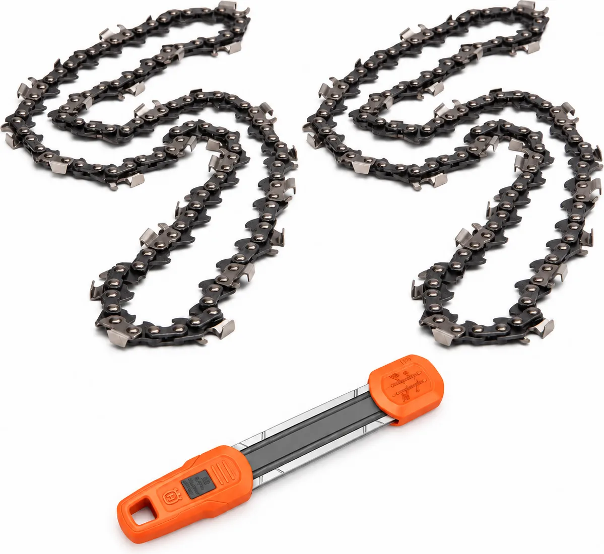 Pack motosierra: 2 cadenas Husqvarna S93G 3/8 bajo perfil 1,3 mm 52 eslabones + afilador 2 en 1 Husqvarna 4,0 mm — foto principal
