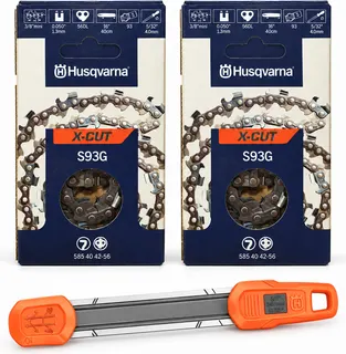 Pack motosierra: 2 cadenas Husqvarna S93G 3/8 bajo perfil 1,3 mm 56 eslabones + afilador 2 en 1 Husqvarna 4,0 mm