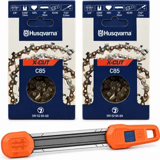 Pack motosierra: 2 cadenas Husqvarna C85 3/8 1,5 mm 68 eslabones + afilador 2 en 1 Husqvarna 5,5 mm