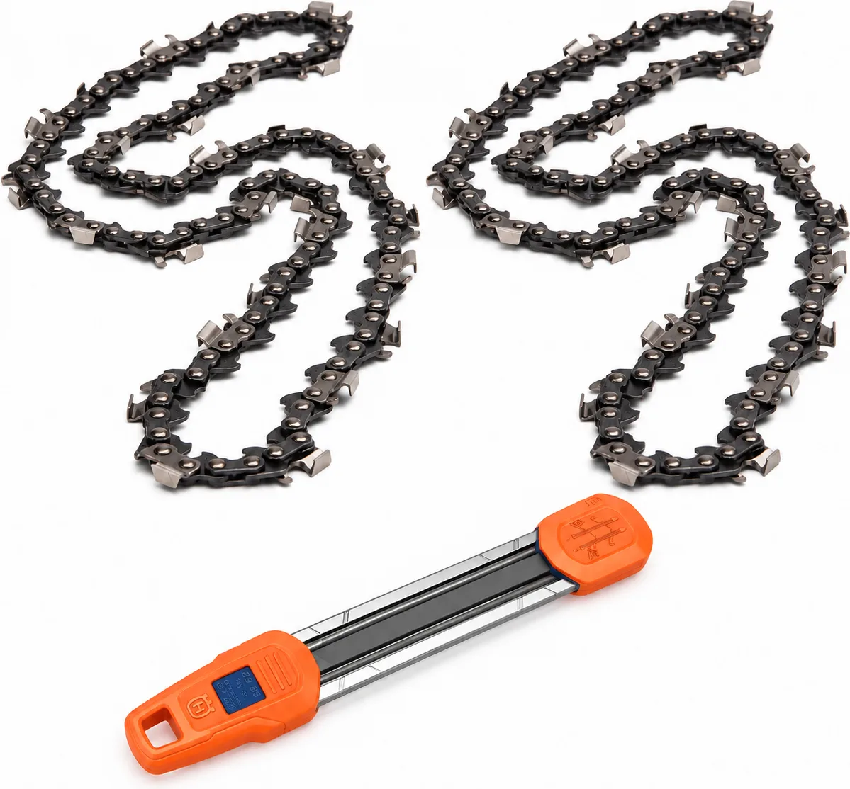Pack motosierra: 2 cadenas Husqvarna S85 3/8 1,5 mm 68 eslabones + afilador 2 en 1 Husqvarna 5,5 mm — foto principal