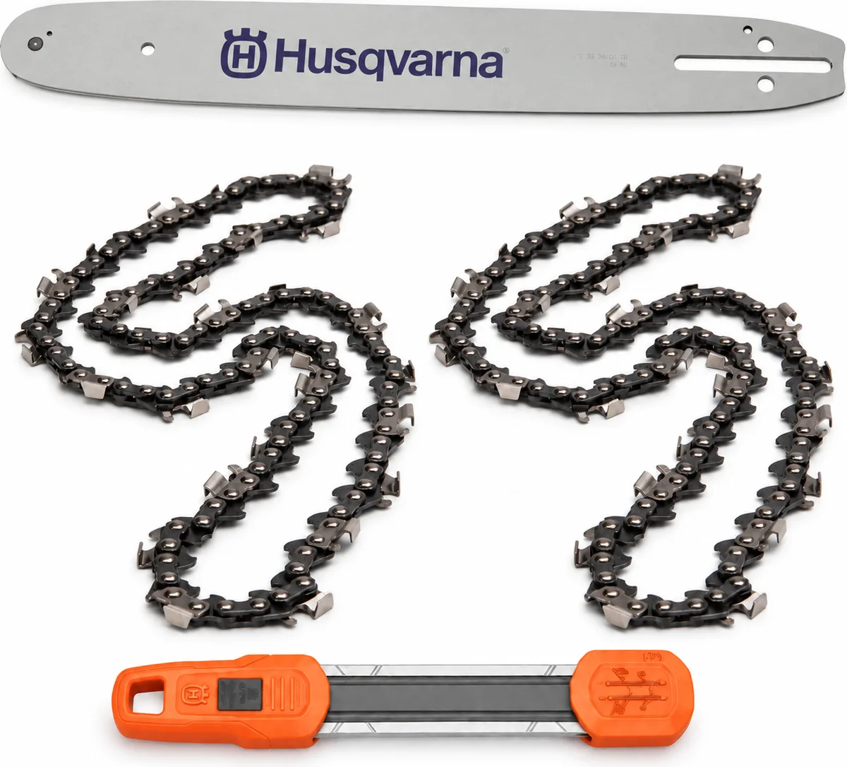 Pack espada motosierra Husqvarna 14 pulgadas + 2 cadenas S93G de 52 eslabones + afilador 2 en 1 - 3/8 bajo perfil, 1,3 mm