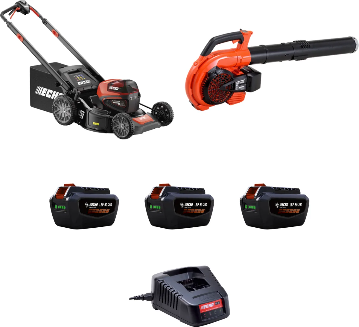 Pack jardín ECHO: cortacésped DLM-5100SP + soplador DPB-2600 PRO + 3 baterías y cargador