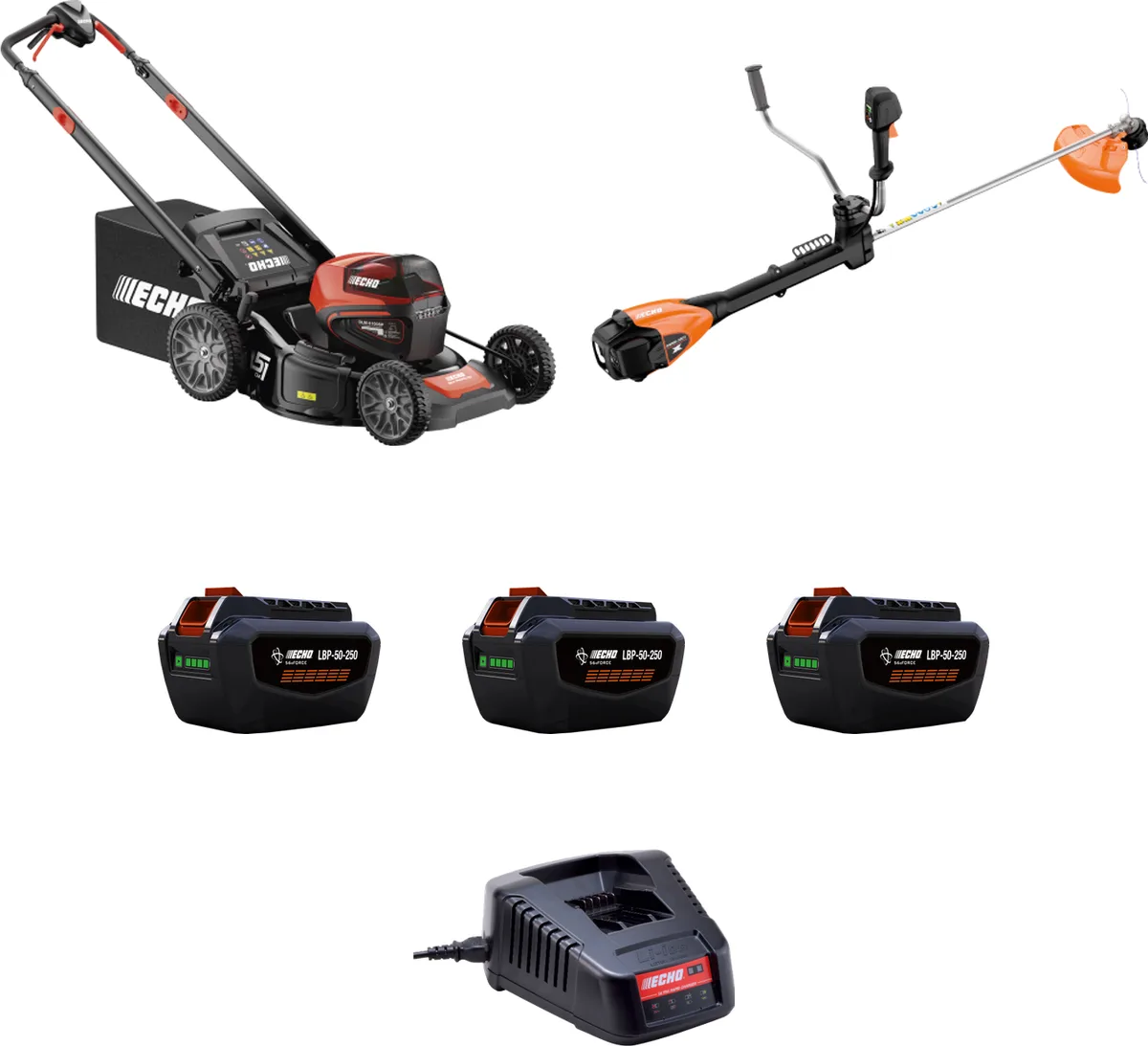 Pack profesional ECHO: cortacésped DLM-5100SP + desbrozadora DSRM-3500U PRO + 3 baterías y cargador — foto principal