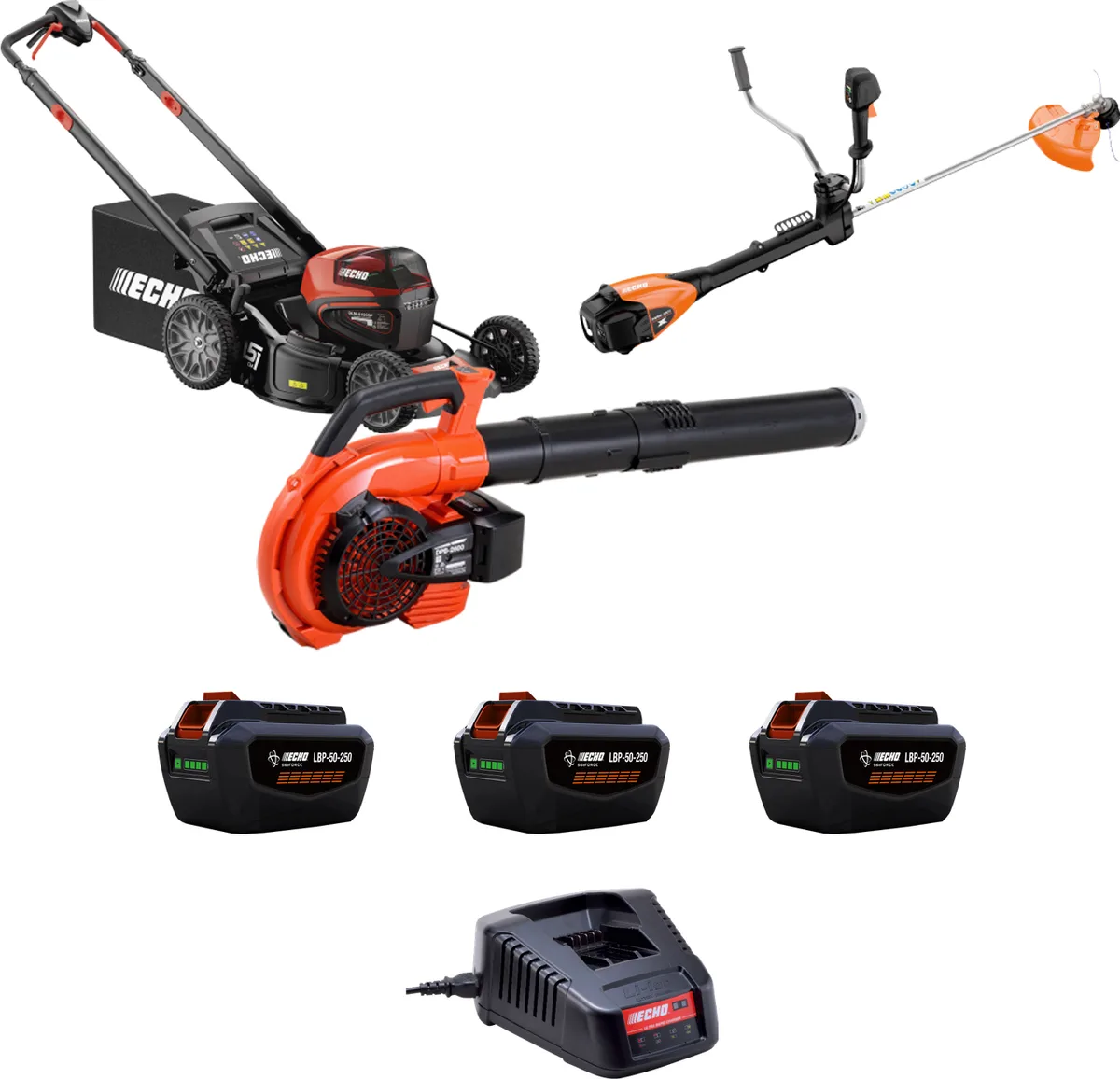 Pack jardín profesional ECHO DLM-5100SP + DSRM-3500U PRO + DPB-2600 PRO + 3 baterías y cargador