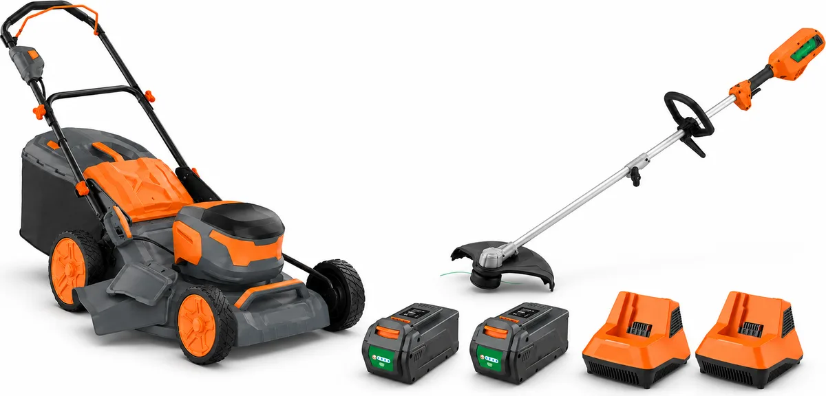 Pack jardín Anova E+ 40 V: cortacésped 46 cm + desbrozadora 500 W, 2 baterías 5 Ah y 2 cargadores — foto principal