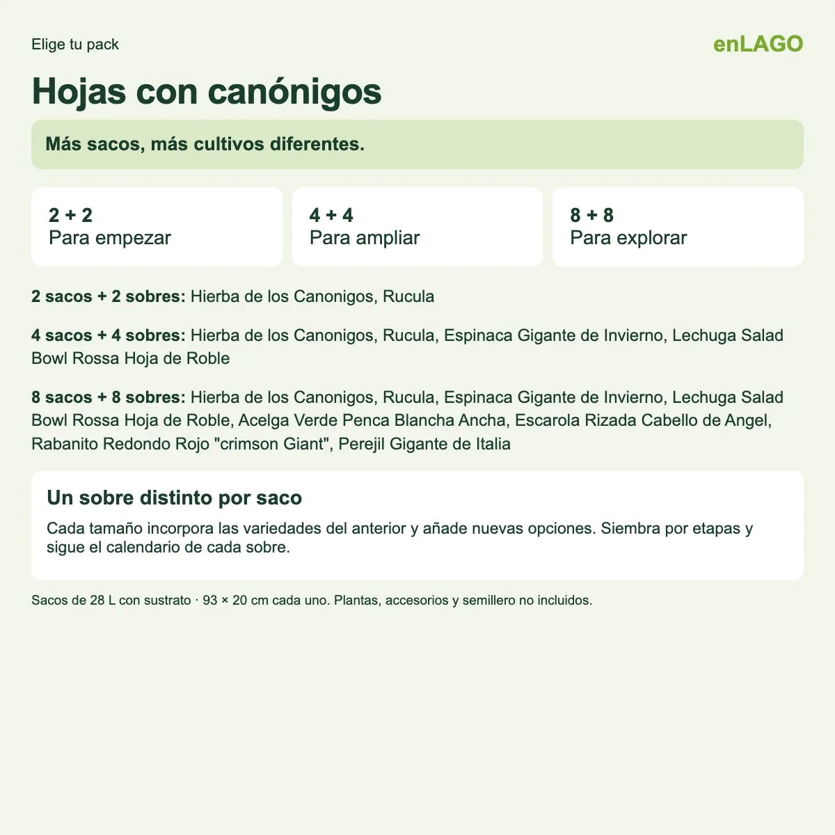 Pack huerto de hojas con canónigos para huerto urbano: 2 sacos + 2 sobres Rocalba · enLAGO — foto 3
