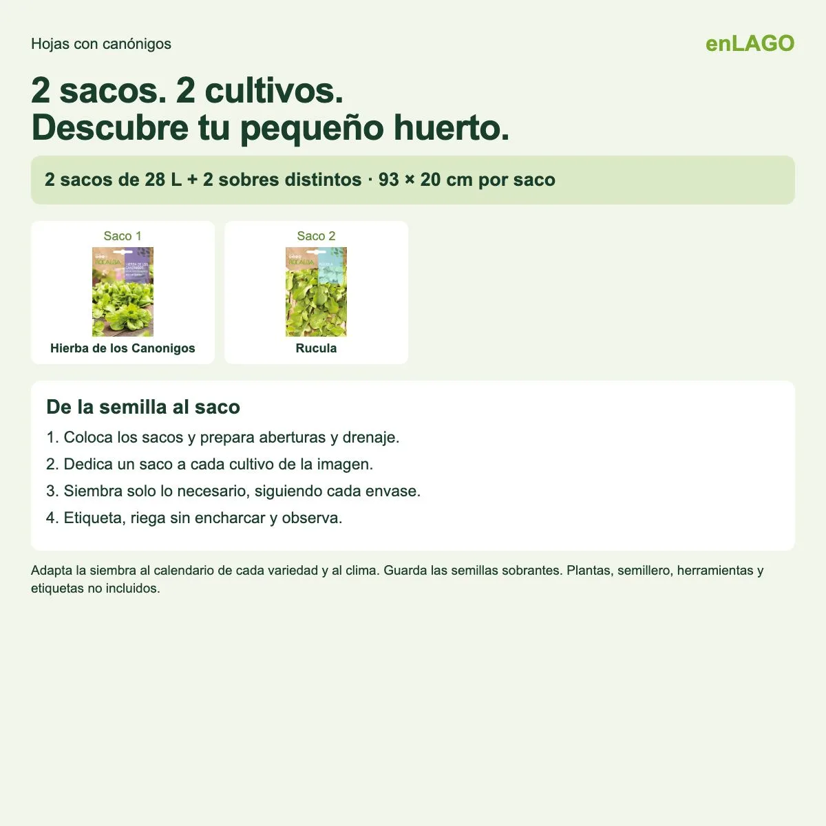 Pack huerto de hojas con canónigos para huerto urbano: 2 sacos + 2 sobres Rocalba · enLAGO — foto 2