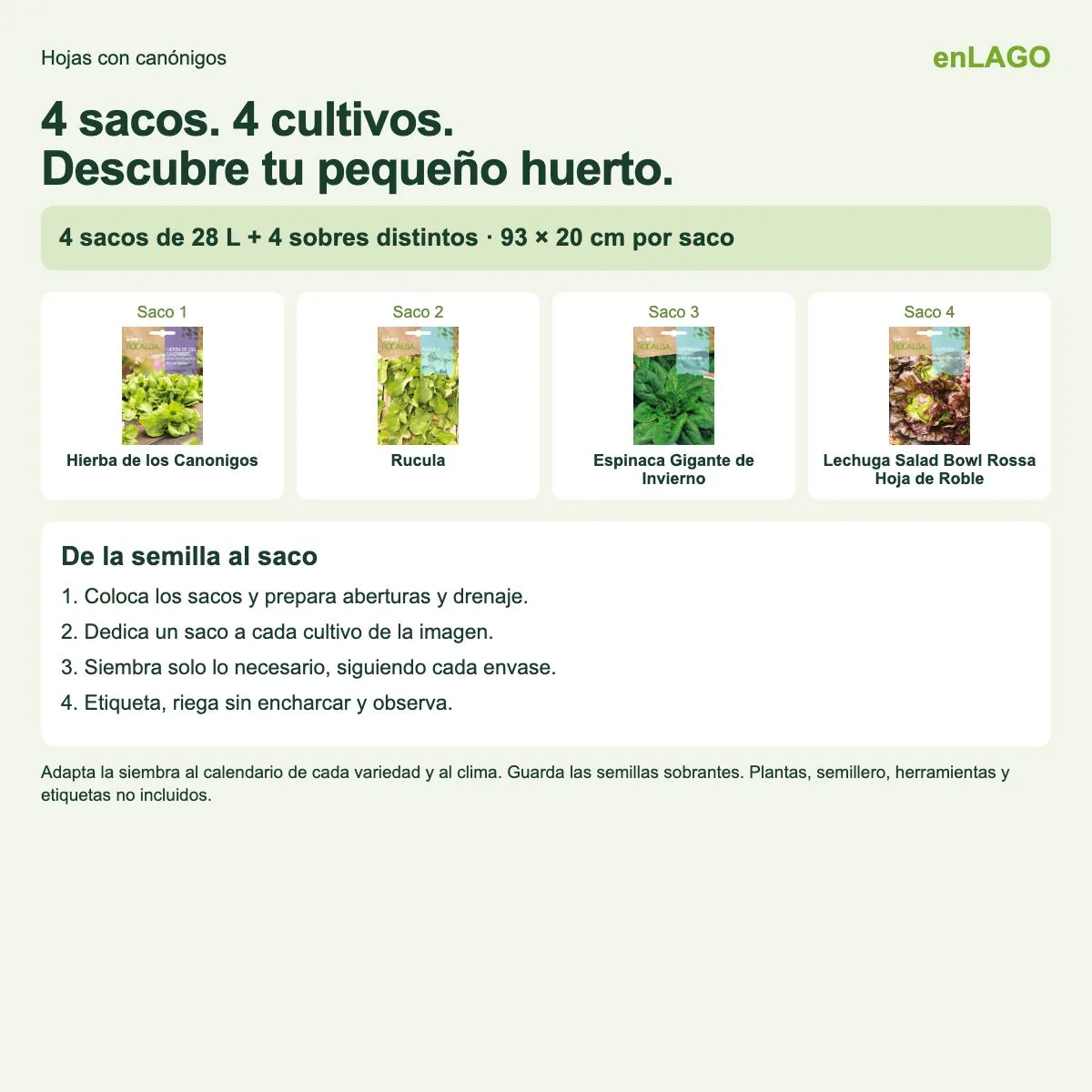 Pack huerto de hojas con canónigos para huerto urbano: 4 sacos + 4 sobres Rocalba — foto 3