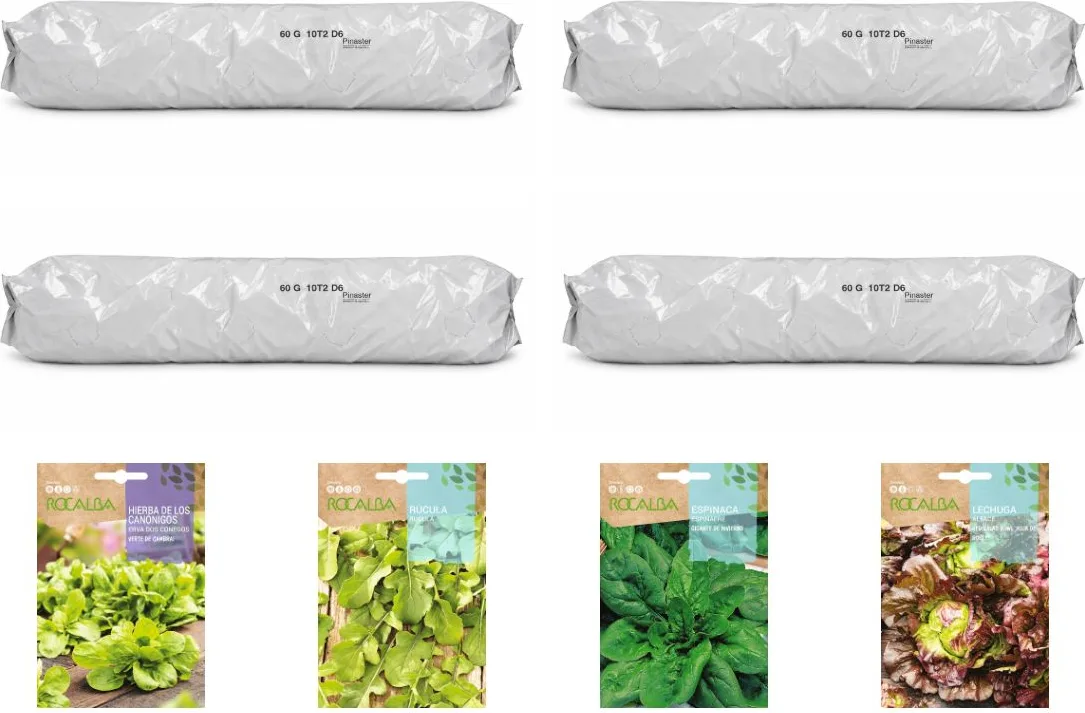 Pack huerto de hojas con canónigos para huerto urbano: 4 sacos + 4 sobres Rocalba