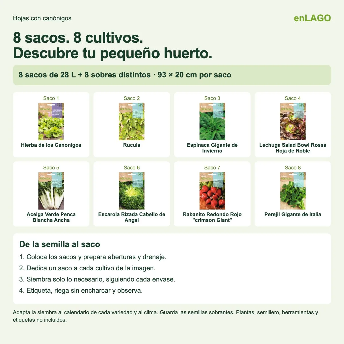 Pack huerto de hojas con canónigos para huerto urbano: 8 sacos + 8 sobres Rocalba — foto 3