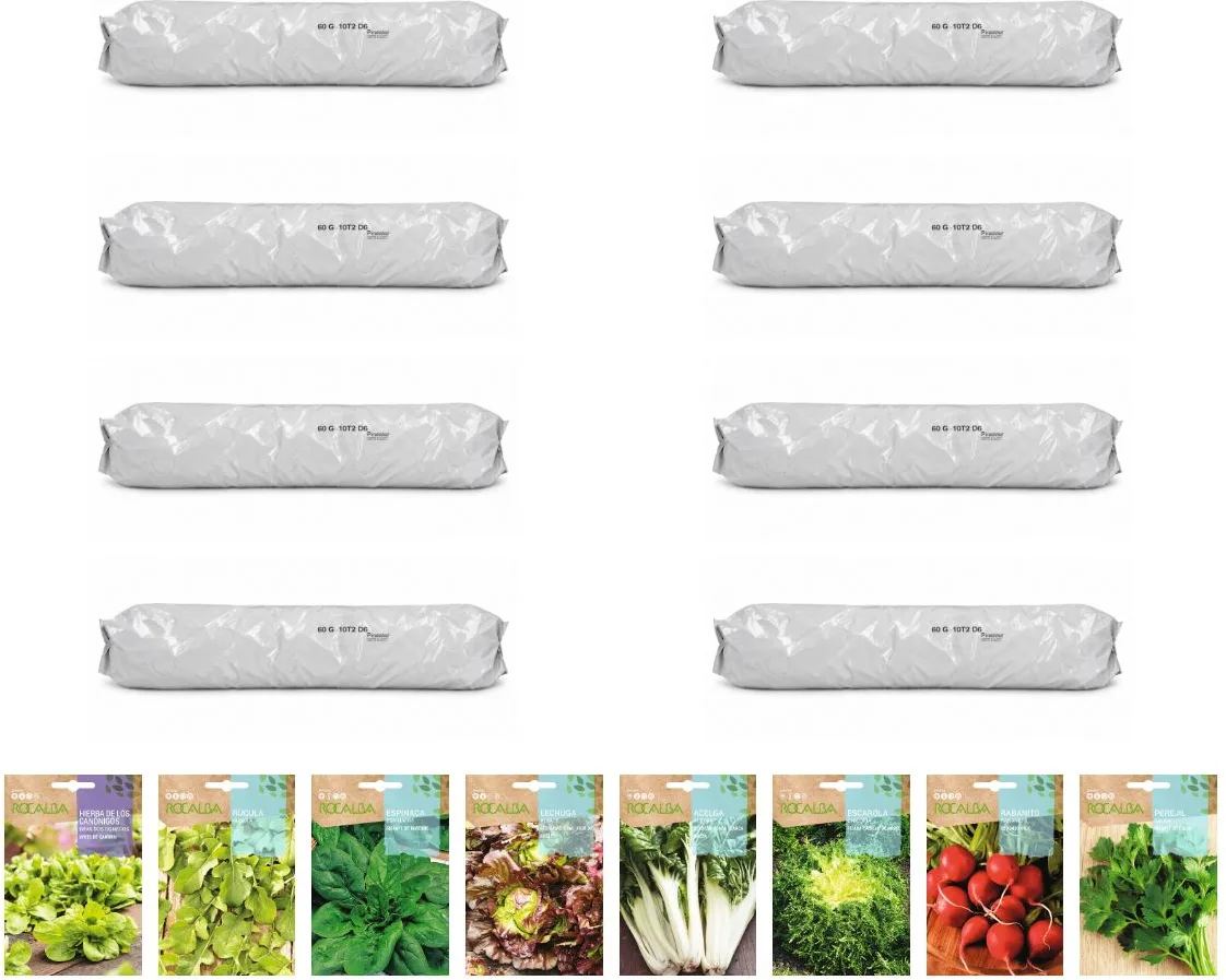 Pack huerto de hojas con canónigos para huerto urbano: 8 sacos + 8 sobres Rocalba