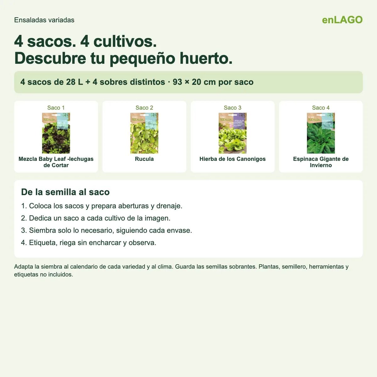 Pack ensaladas variadas para huerto urbano: 4 sacos + 4 sobres Rocalba — foto 2