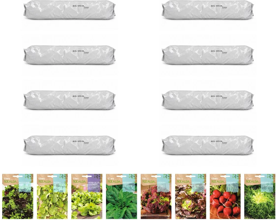 Pack ensaladas variadas para huerto urbano: 8 sacos + 8 sobres Rocalba
