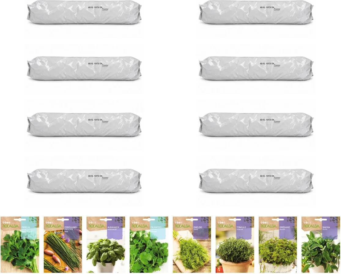 Pack aromáticas para huerto urbano: 8 sacos + 8 sobres Rocalba