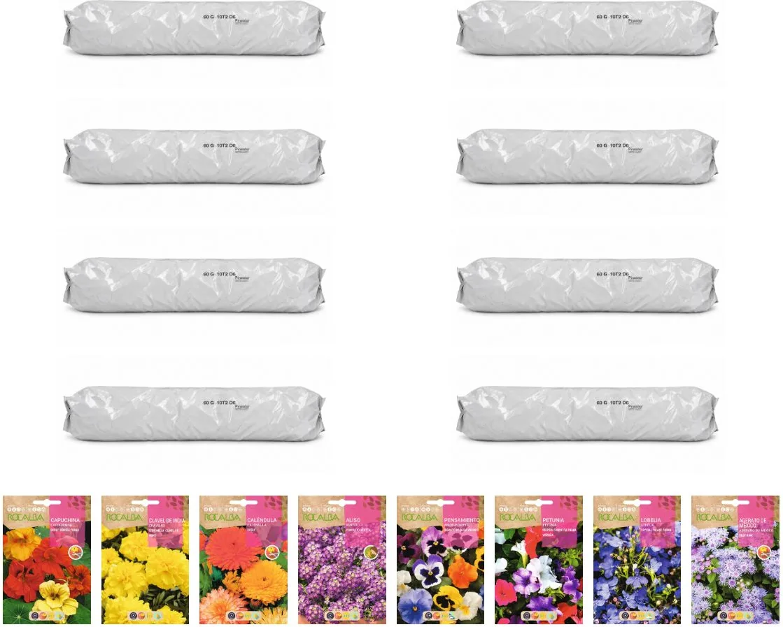 Pack flores compactas para huerto urbano: 8 sacos + 8 sobres Rocalba