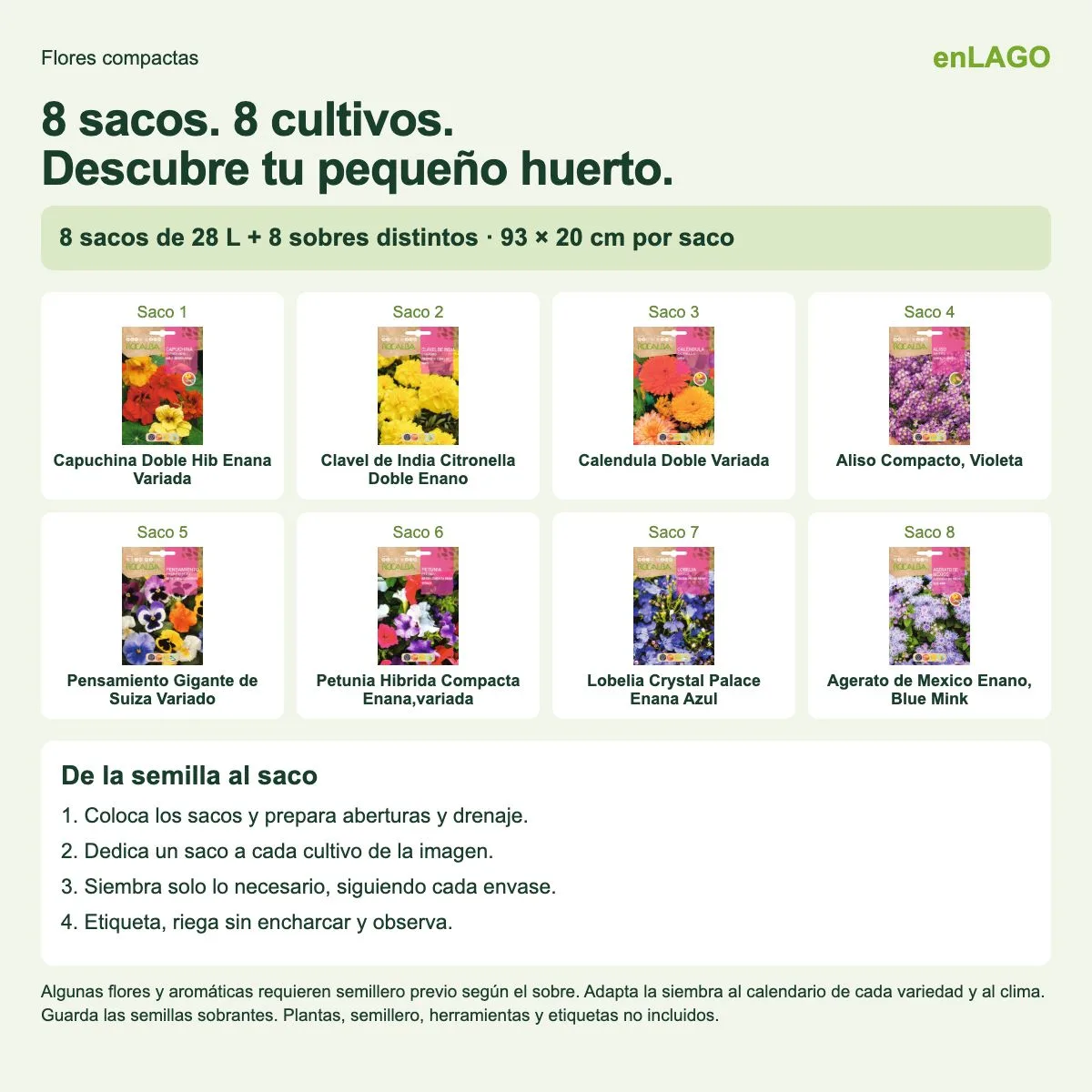 Pack flores compactas para huerto urbano: 8 sacos + 8 sobres Rocalba — foto 3
