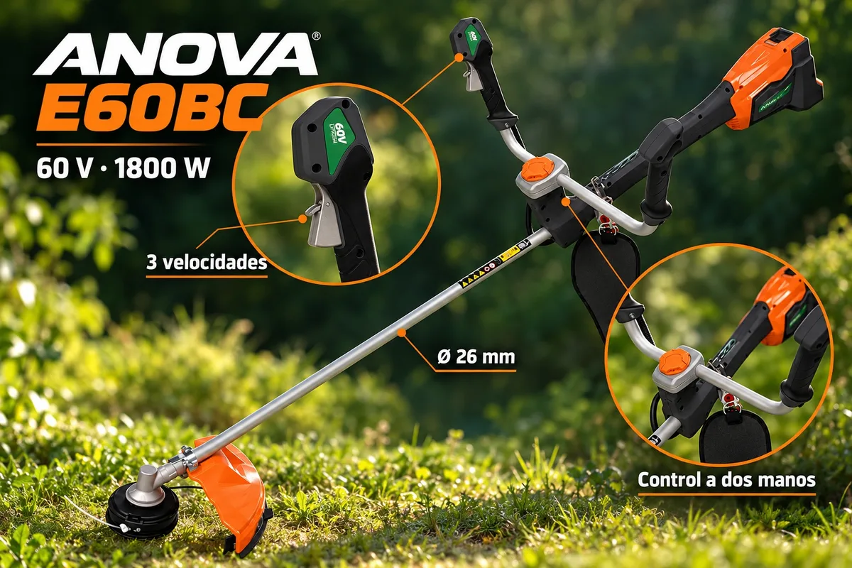 Pack profesional a batería Anova E+ 60 V: desbrozadora + cortasetos + cortasetos de pértiga + soplador + motosierra + mochila 25 Ah + cargador + petaca — foto 3