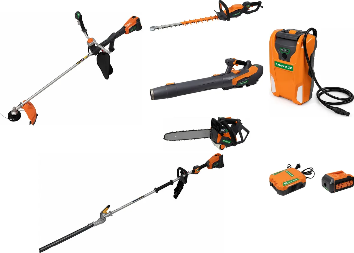 Pack profesional a batería Anova E+ 60 V: desbrozadora + cortasetos + cortasetos de pértiga + soplador + motosierra + mochila 25 Ah + cargador + petaca — foto principal