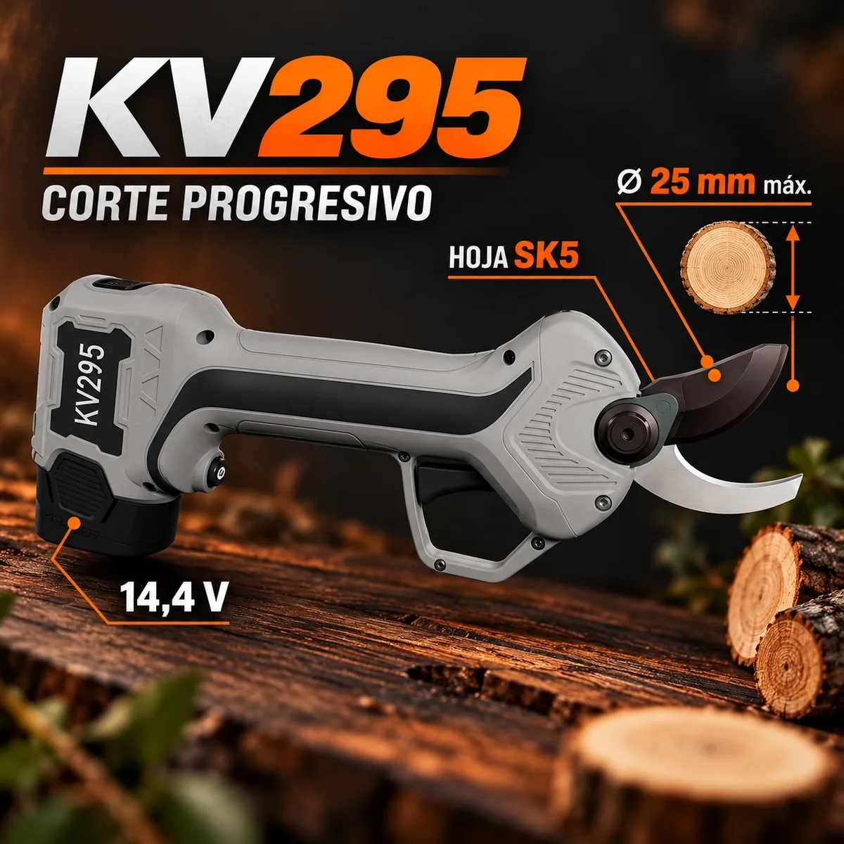 Tijera de poda a batería Kamikaze KV295 · corte progresivo Ø 25 mm · 2 baterías y cargador — foto 2