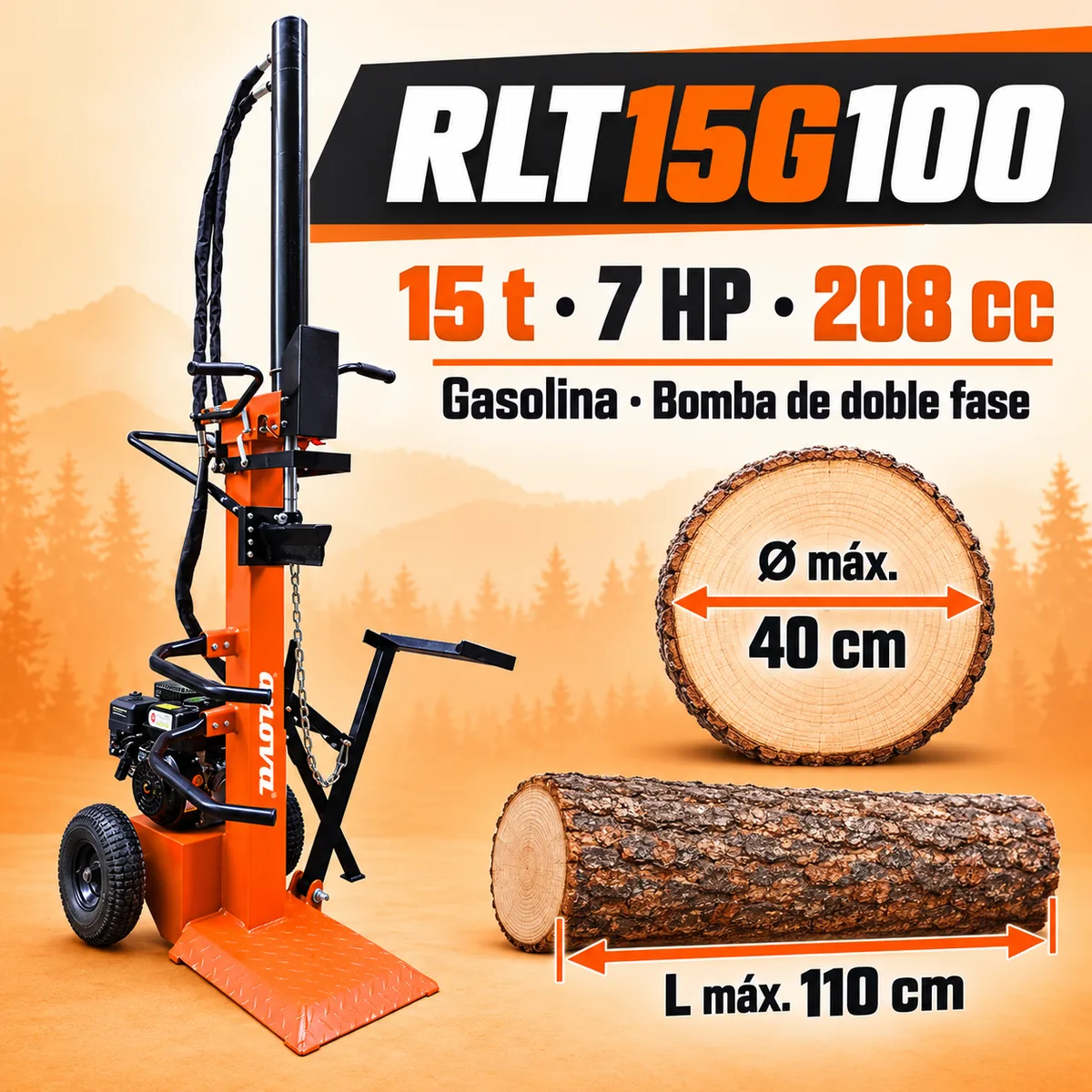 Rompedora de leña a gasolina Anova RLT15G100 · 15 t · troncos hasta 110 cm — foto 2