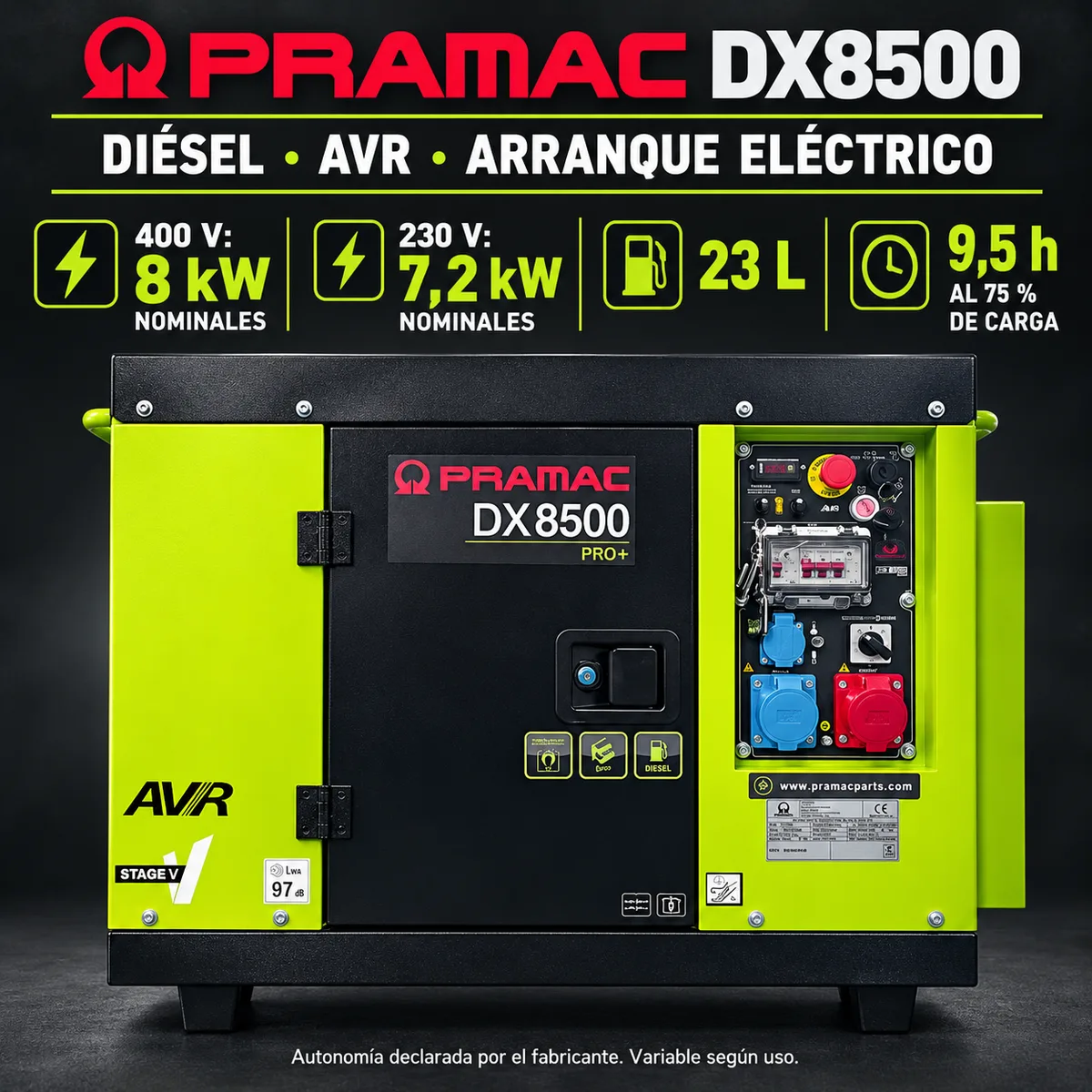 Generador diésel Pramac DX8500 · AVR · 230/400 V · arranque eléctrico — foto 2