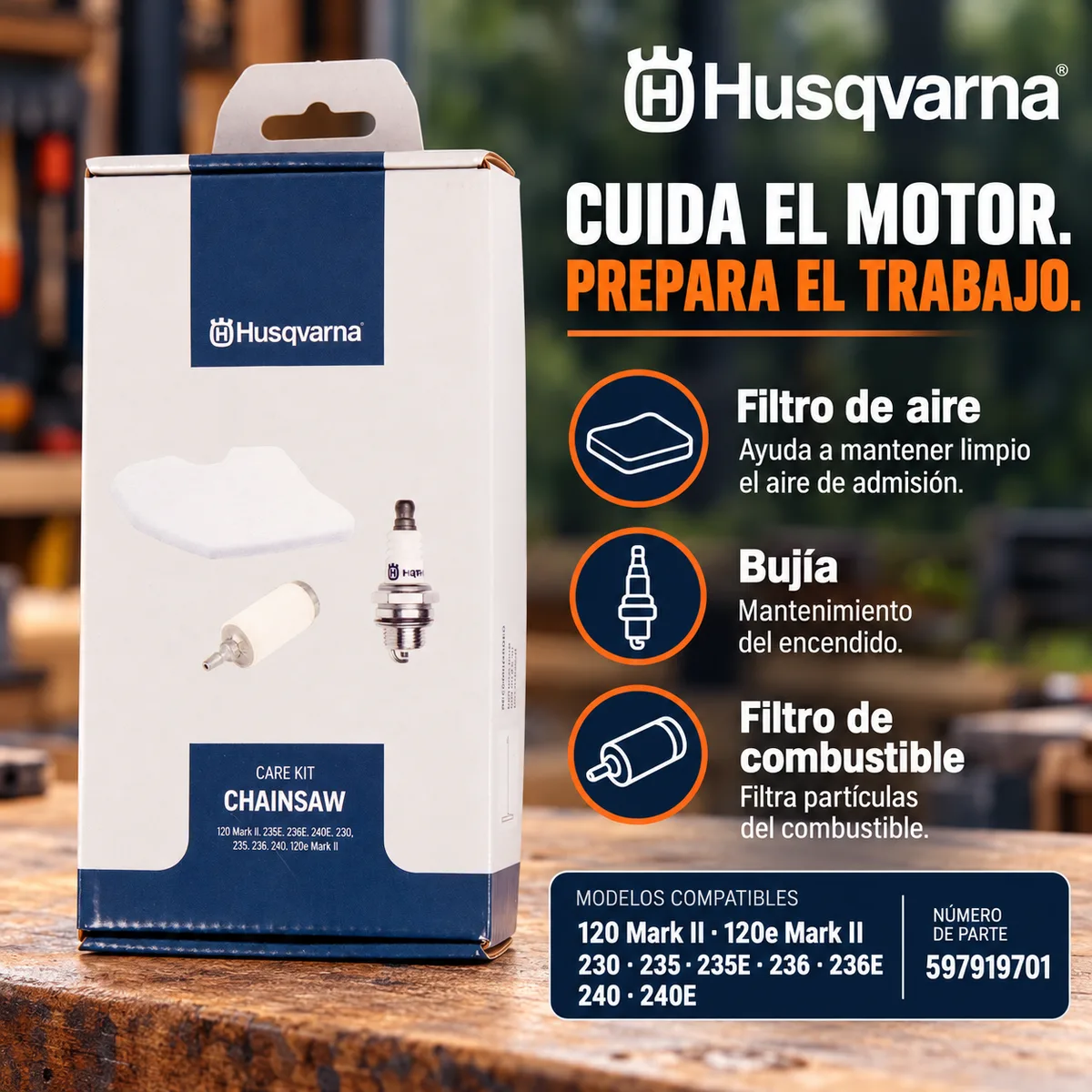 Kit mantenimiento Husqvarna 597919701 para motosierras 120 Mark II / 120e Mark II / 230 / 235 / 235E / 236 / 236E / 240 / 240E — foto 2
