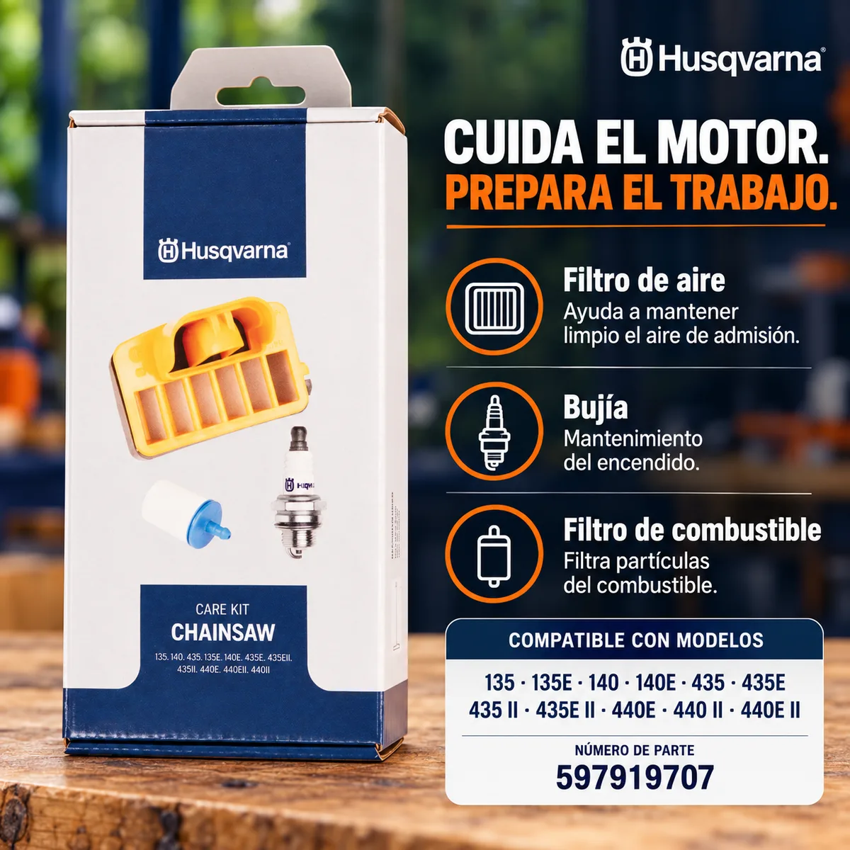Kit mantenimiento Husqvarna 597919707 para motosierras 135 / 135E / 140 / 140E / 435 / 435E / 435 II / 435E II / 440E / 440 II / 440E II — foto 2